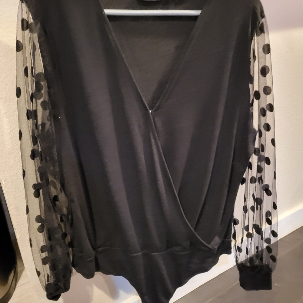 New York & Company Black Body Suit Top with Sheer Polka Dot Sleeves